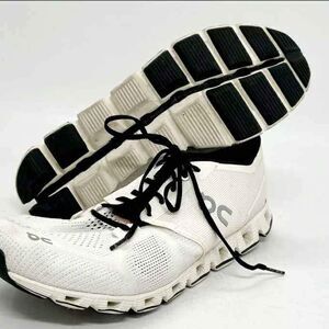 On Cloud White and Black Cloud Running Shoes, Women Size 10.5 or Men 9